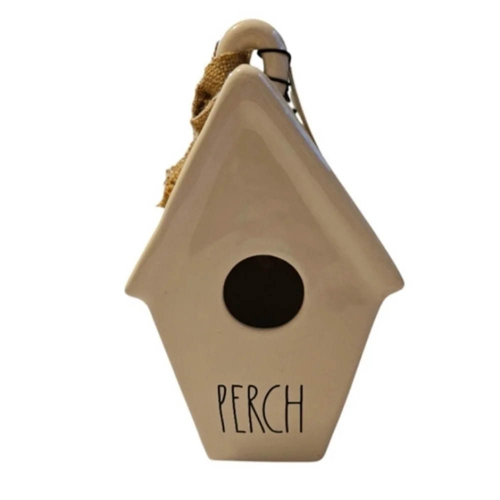 Rae Dunn Perch Ceramic LL Decorative Slant Roof Birdhouse with Burlap NEW